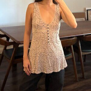 Free People Printed Flowy Tunic with Lace and Button Details